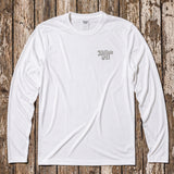 White long-sleeve shirt with a Kailua Hi logo on the left chest on a wooden surface