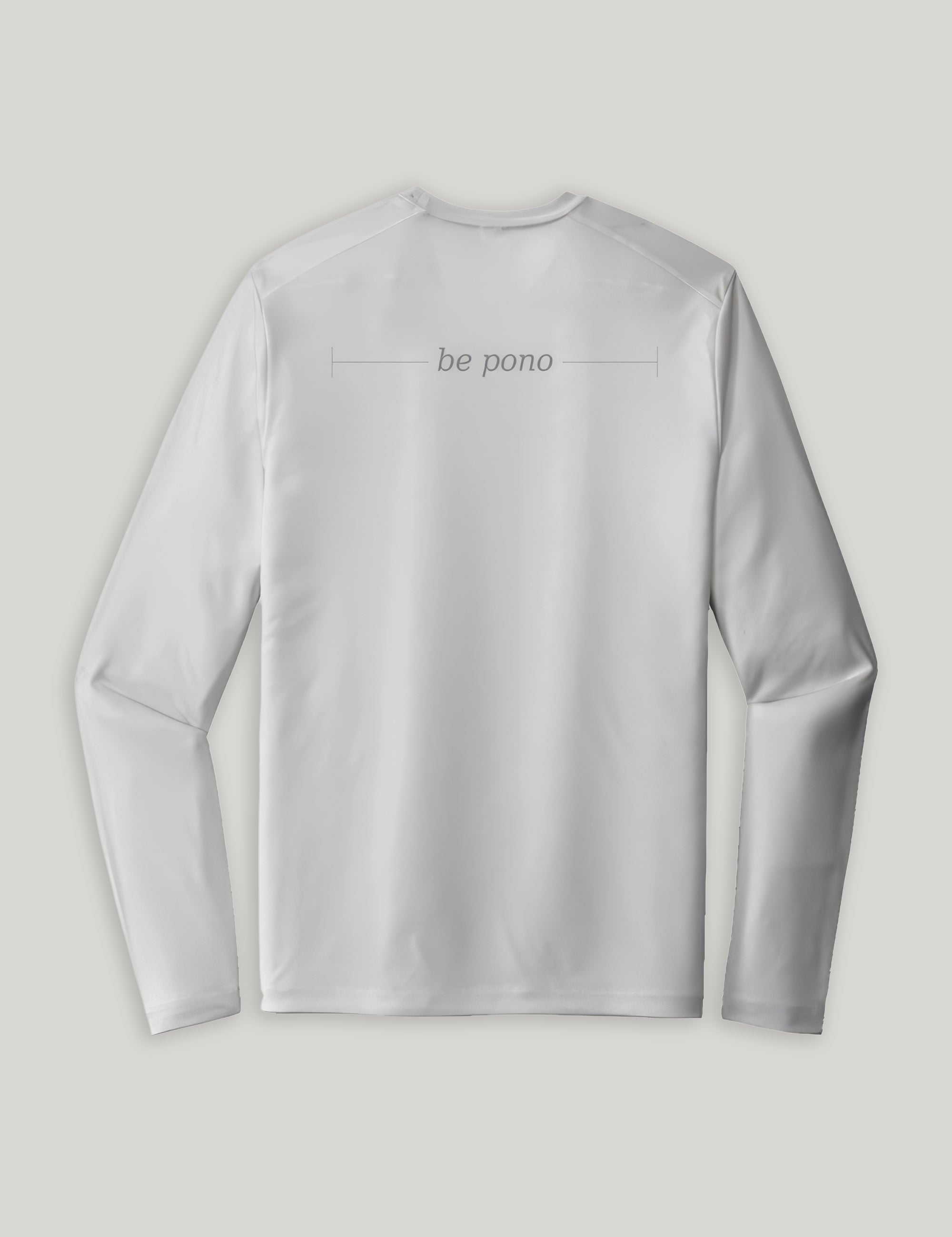 Gray long-sleeve shirt with grey 'be pono' text on a light gray background