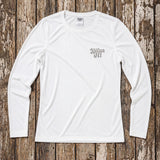 White long-sleeve shirt with a Kailua Hi Logo on the left chest on a wooden floor