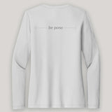 white long-sleeve shirt with grey 'be pono' text on a light gray background