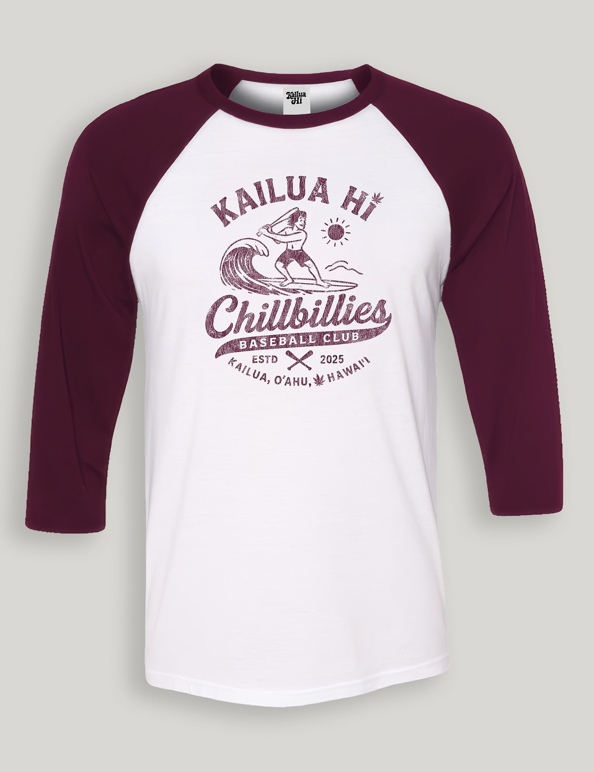 Baseball shirt with maroon sleeves and white front, featuring text and graphics on a light gray background.