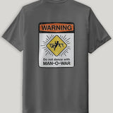grey shirt with warning sign graphic on back