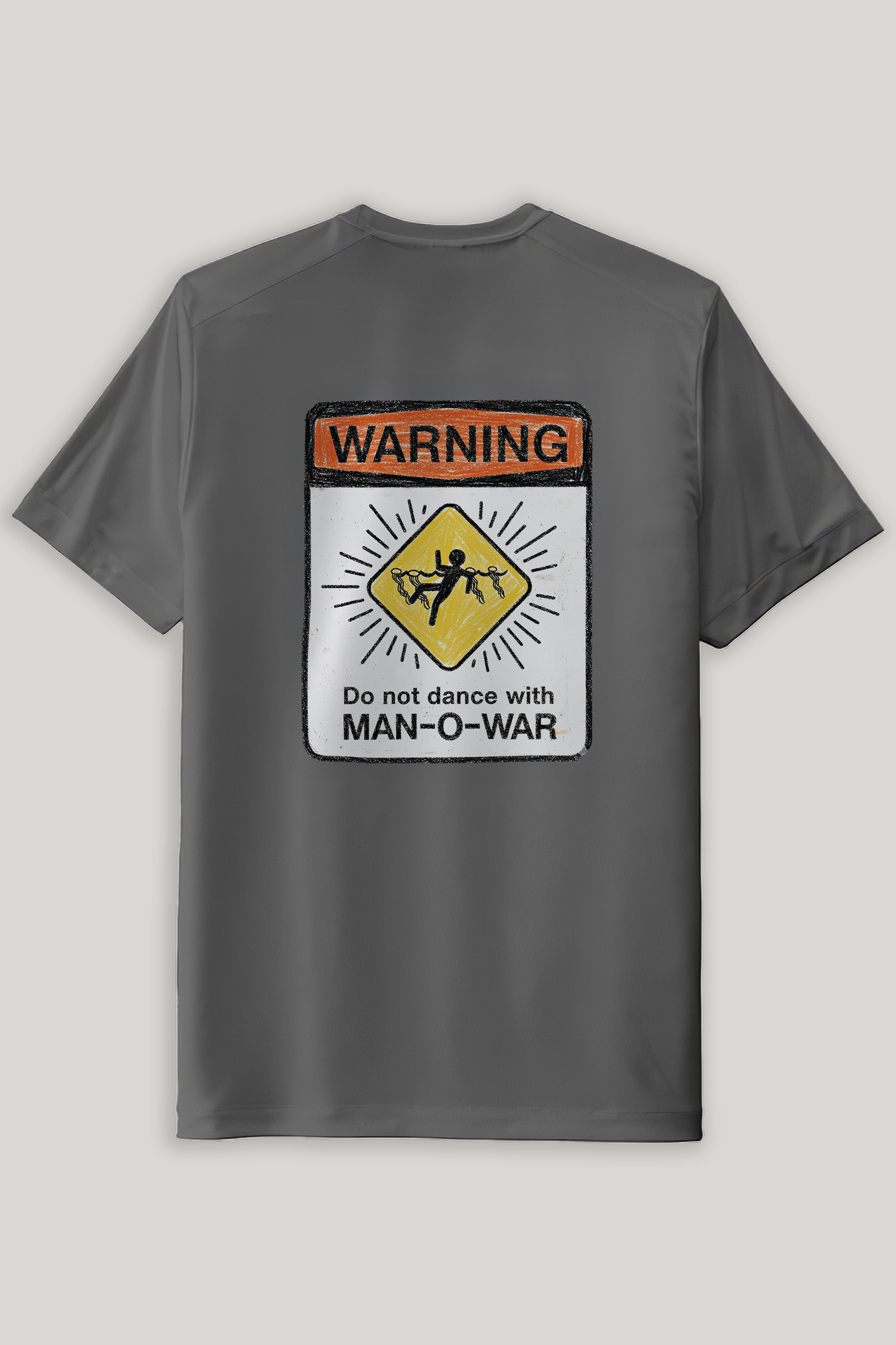 grey shirt with warning sign graphic on back