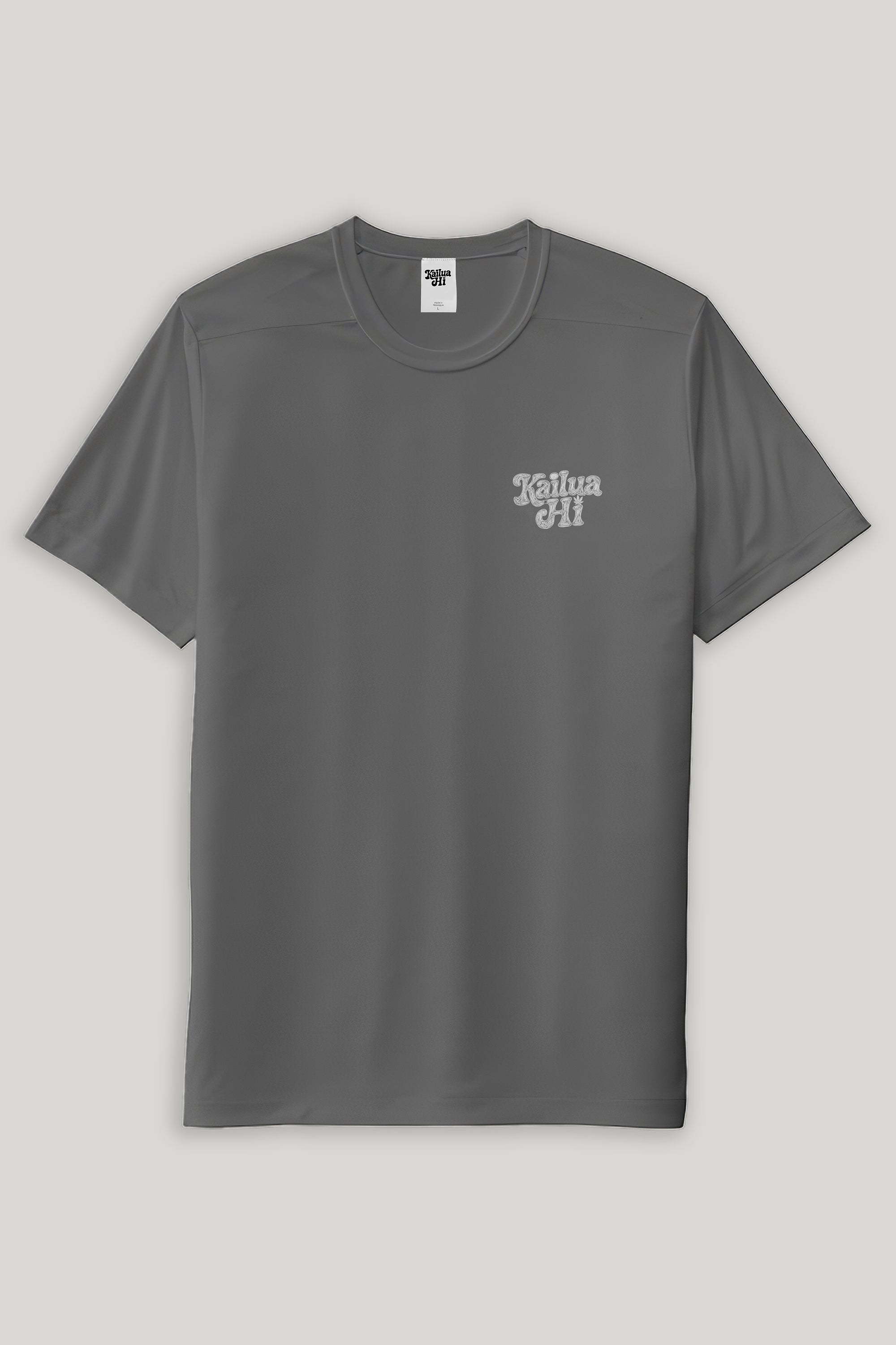 grey shirt with white kailua hi logo on front