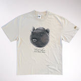 Beige t-shirt with a graphic design on a white background
