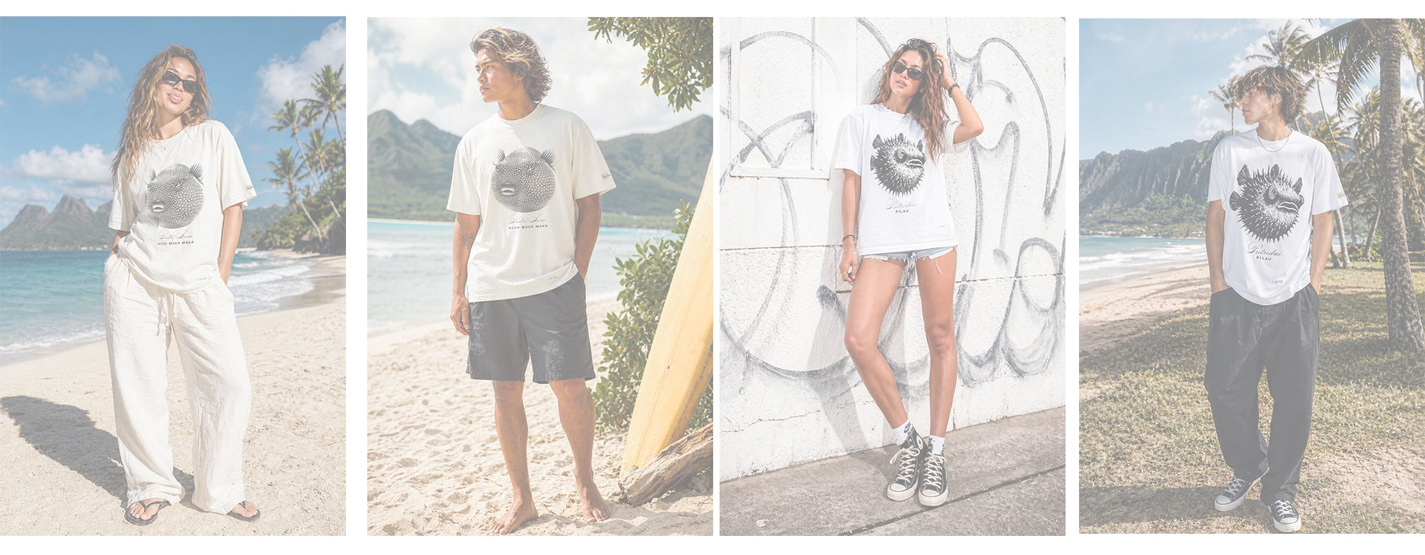 four models wearing white t-shirts with pufferfish graphics