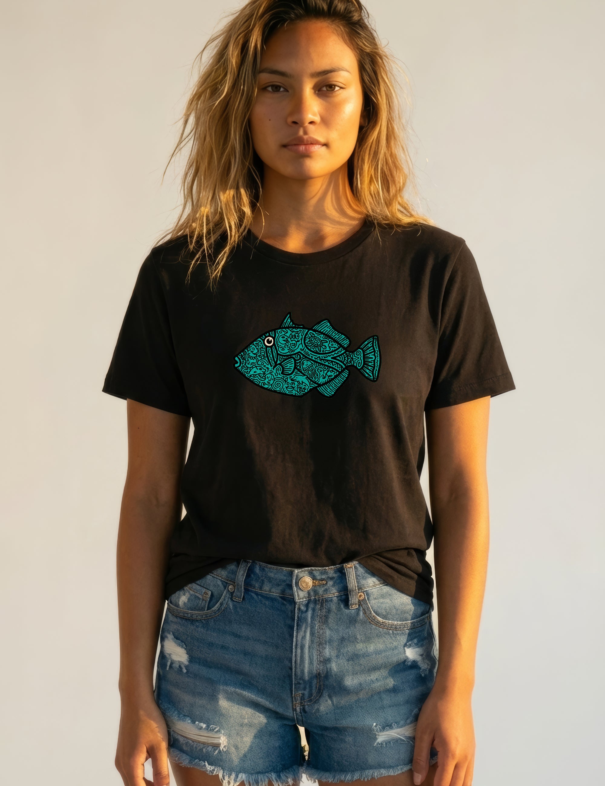 Woman wearing a black t-shirt with a blue fish graphic and denim shorts against a plain background