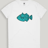 White t-shirt with a blue fish graphic on a light gray background