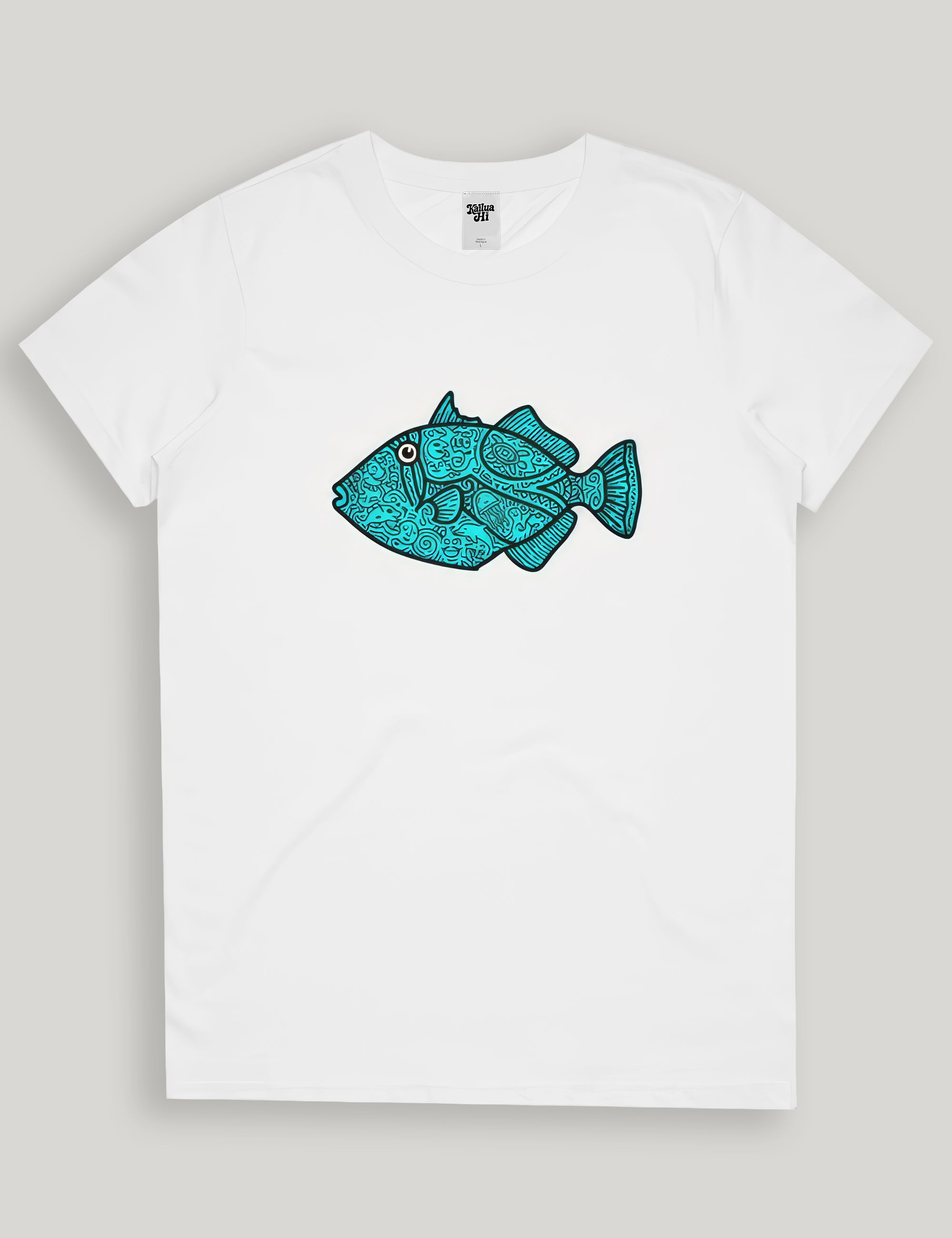 White t-shirt with a blue fish graphic on a light gray background