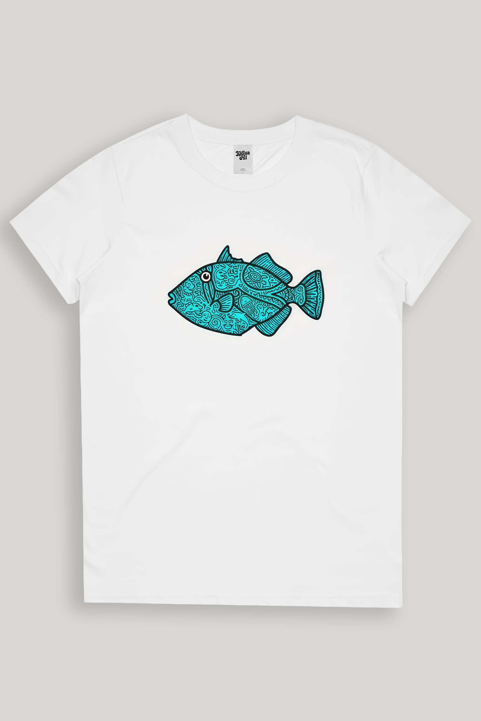 White t-shirt with a blue fish graphic on a light gray background