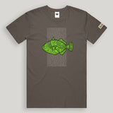 Brown t-shirt with green fish graphic and text on a gray background