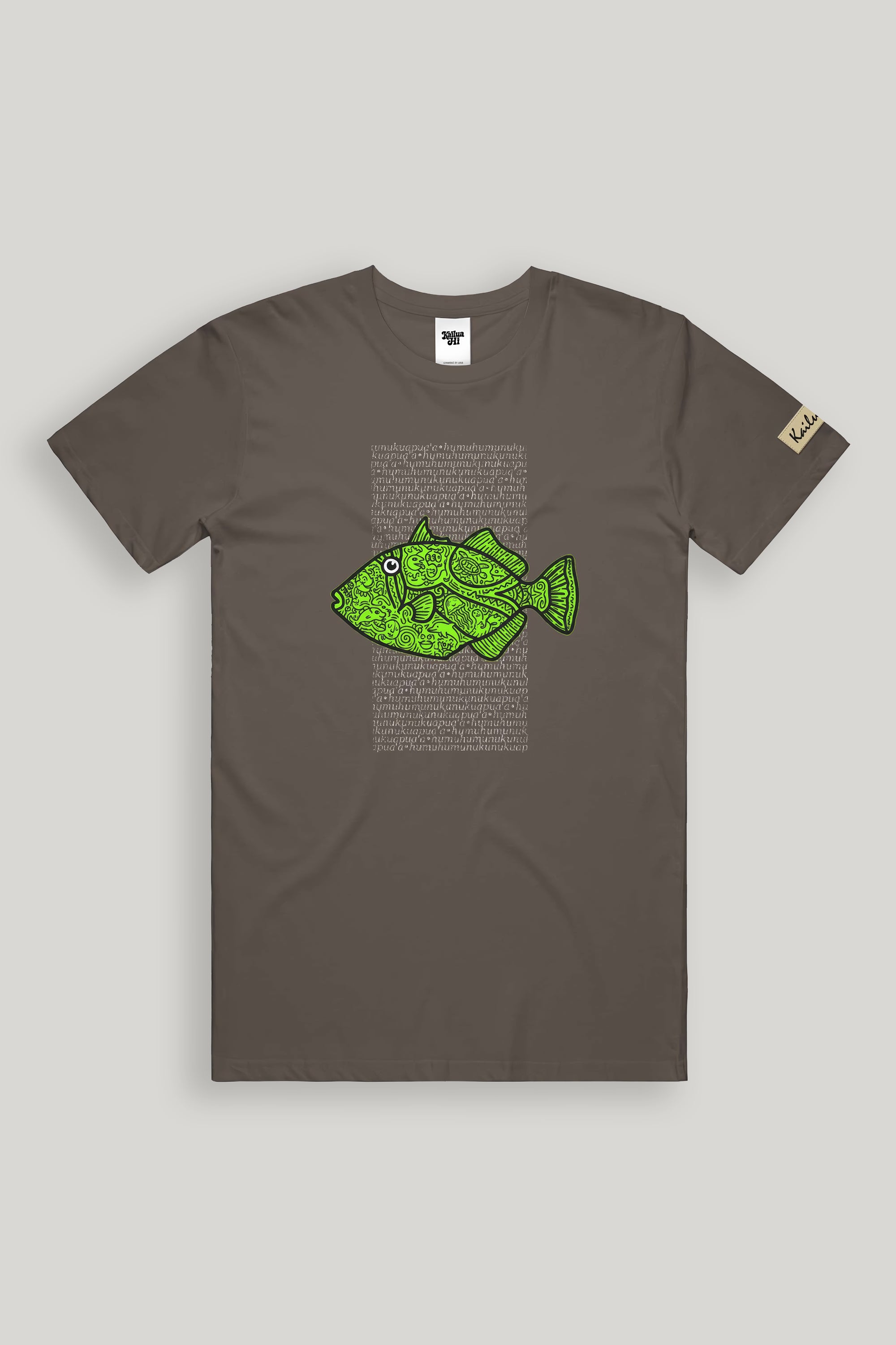 Brown t-shirt with green fish graphic and text on a gray background