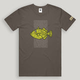 Brown t-shirt with a yellow fish graphic and text on a gray background