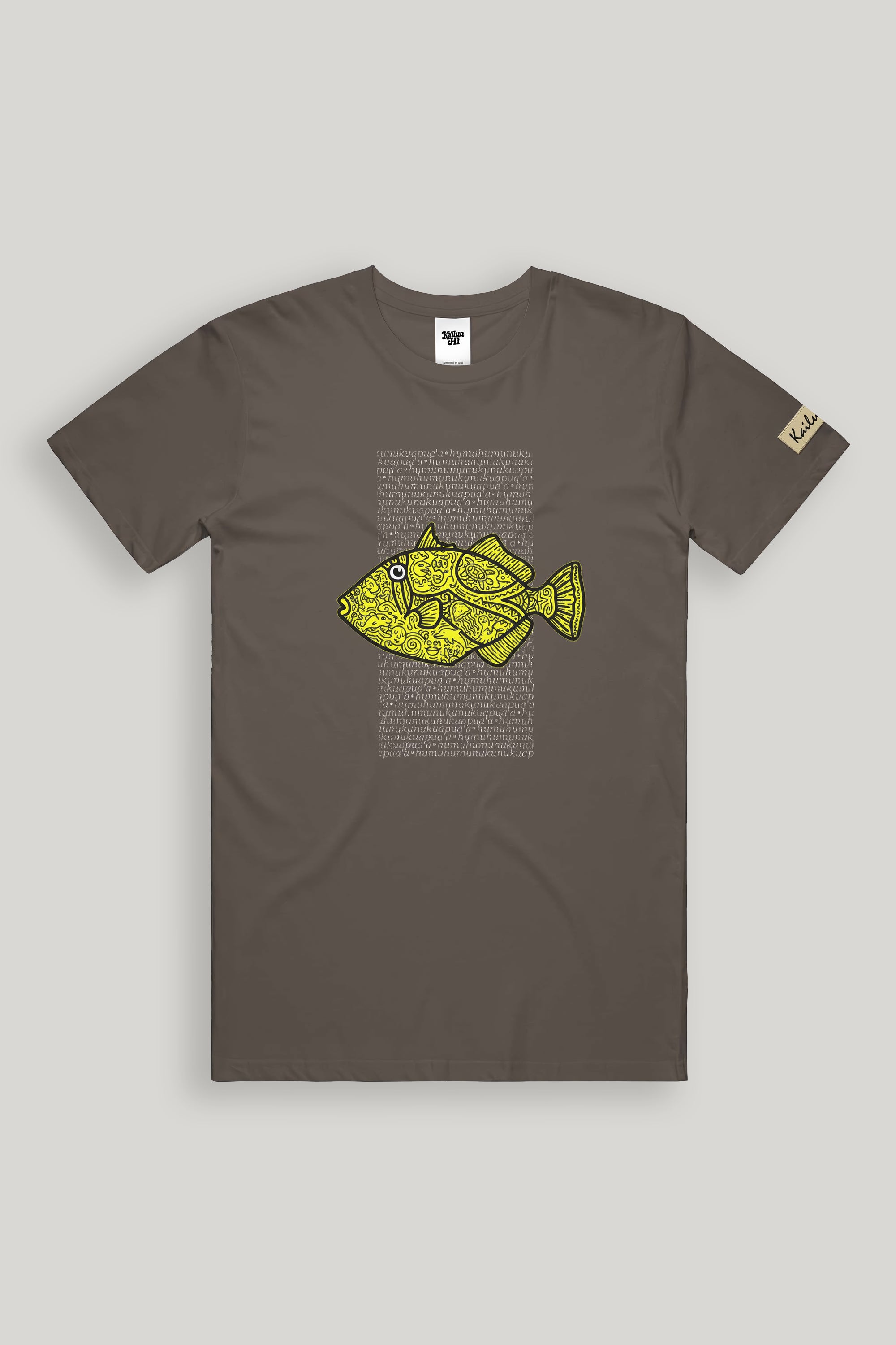 Brown t-shirt with a yellow fish graphic and text on a gray background
