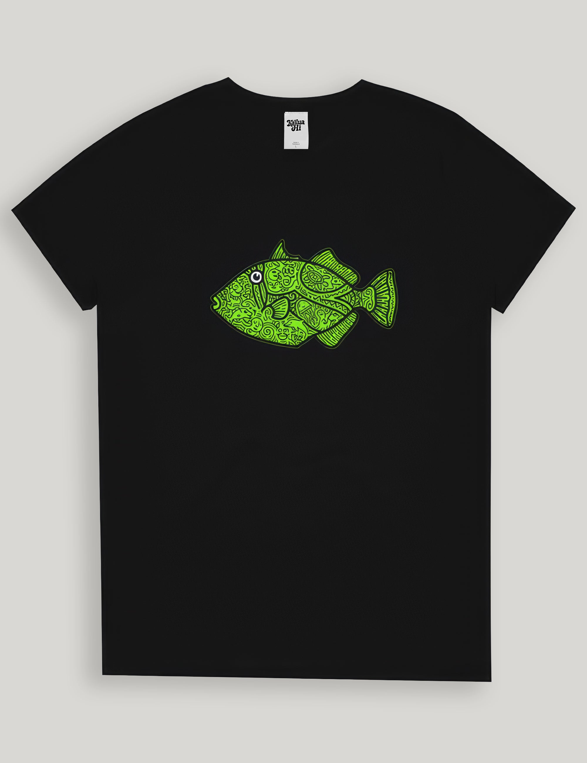 Black t-shirt with a green fish design on a light gray background