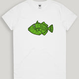 White t-shirt with a green fish graphic on a light gray background