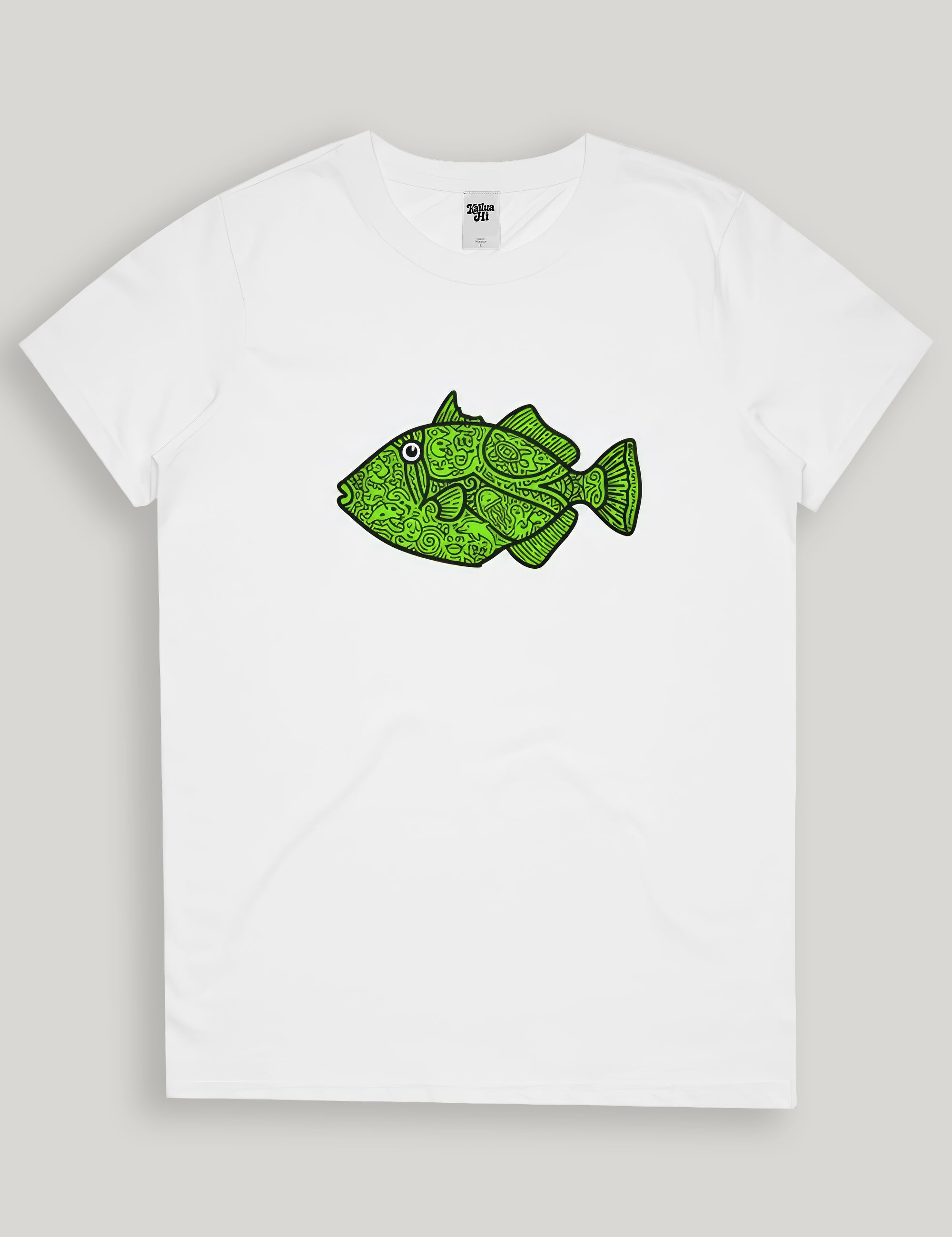 White t-shirt with a green fish graphic on a light gray background