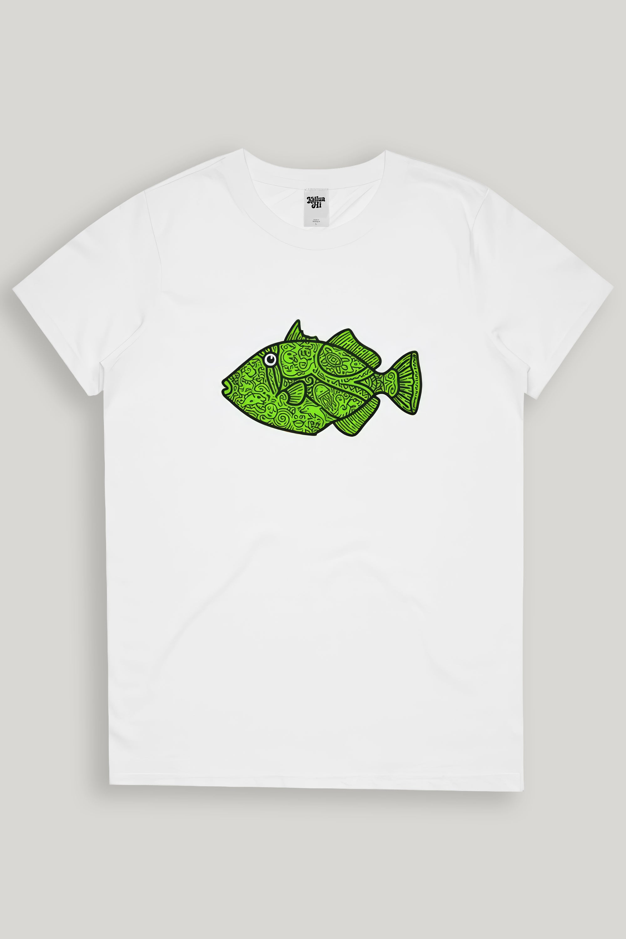White t-shirt with a green fish graphic on a light gray background