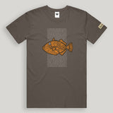 Brown t-shirt with an orange fish graphic and text on a gray background
