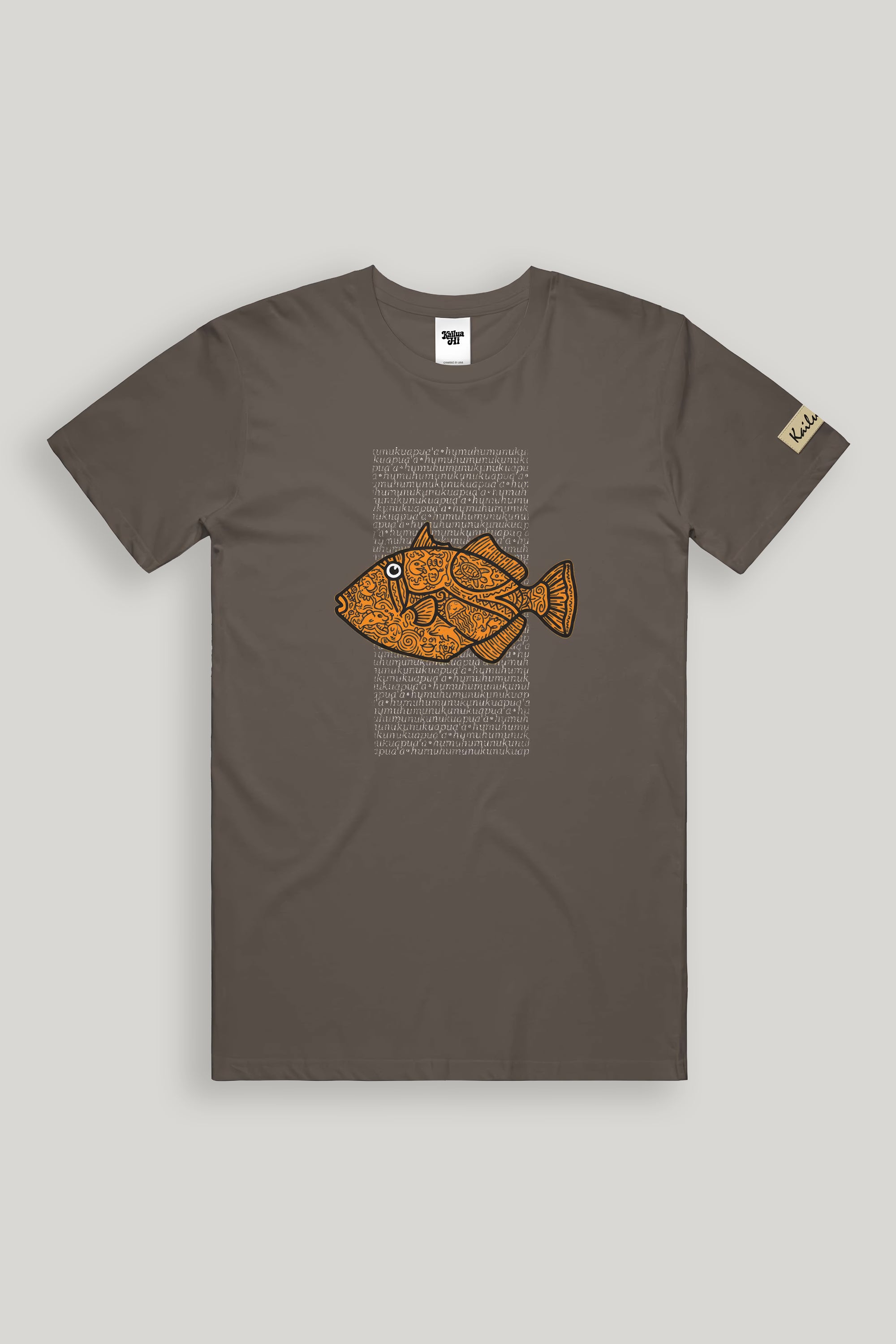 Brown t-shirt with an orange fish graphic and text on a gray background