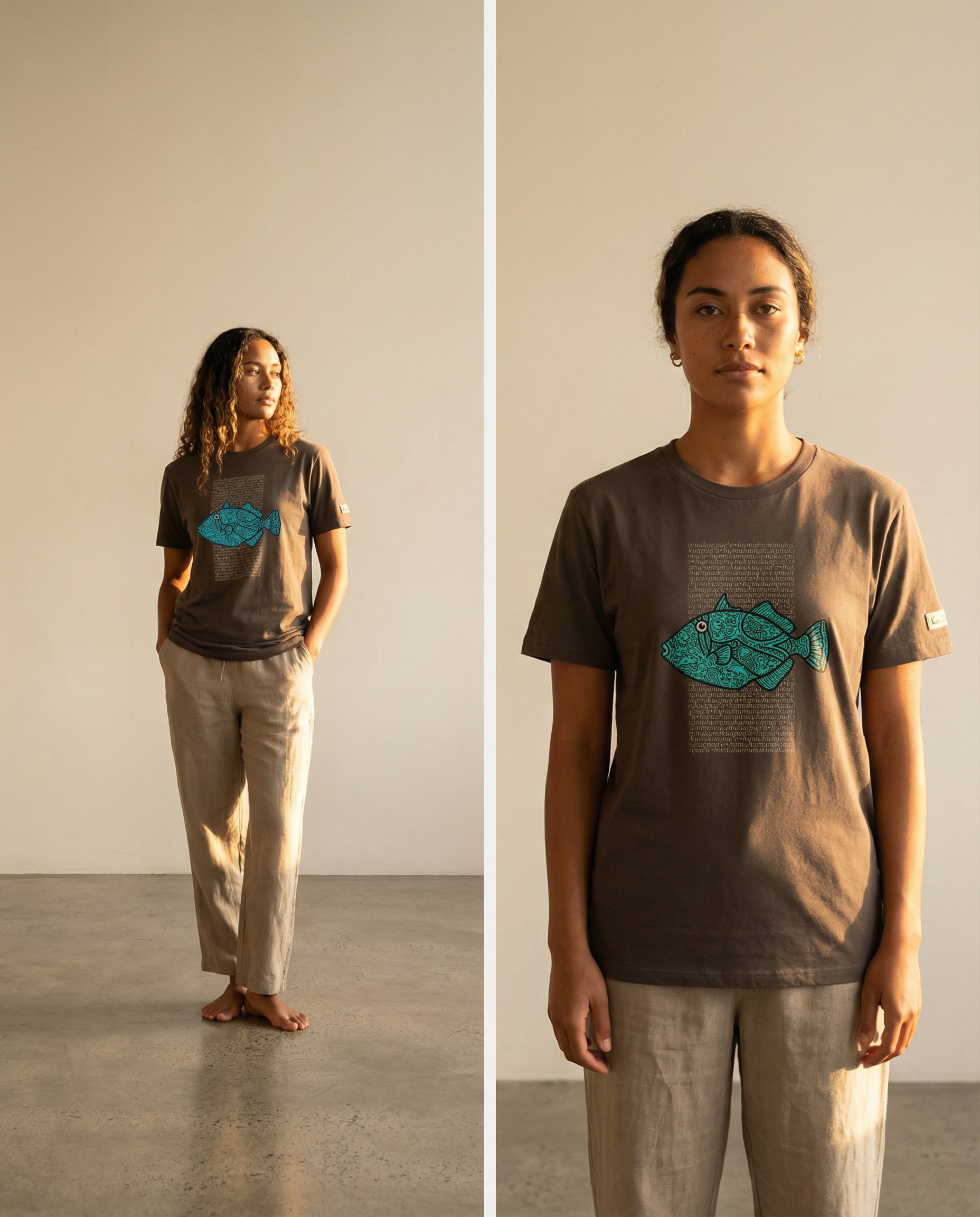 woman wearing a brown t-shirt with a blue fish design on the front