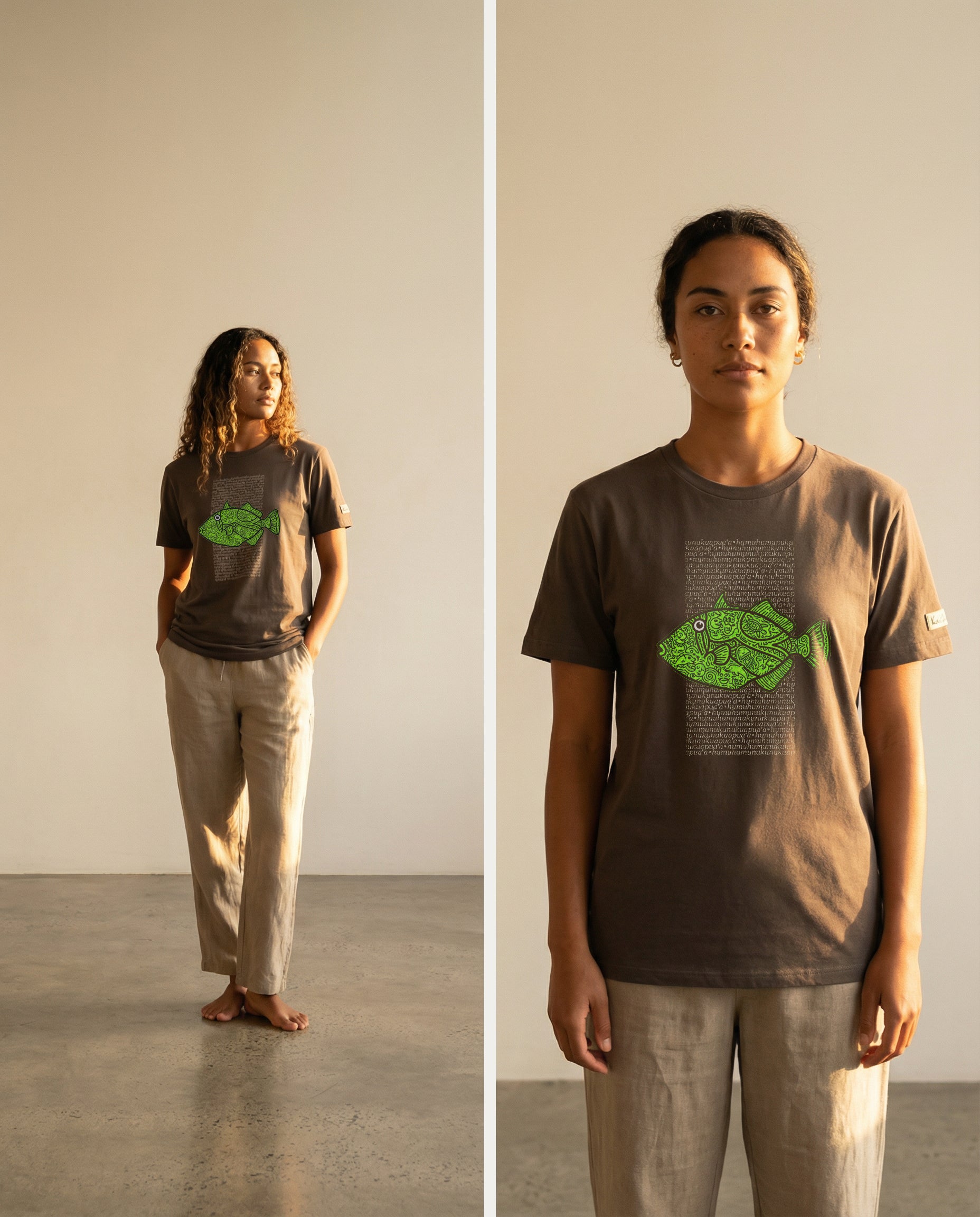 woman wearing a brown t-shirt with a green fish design on the front