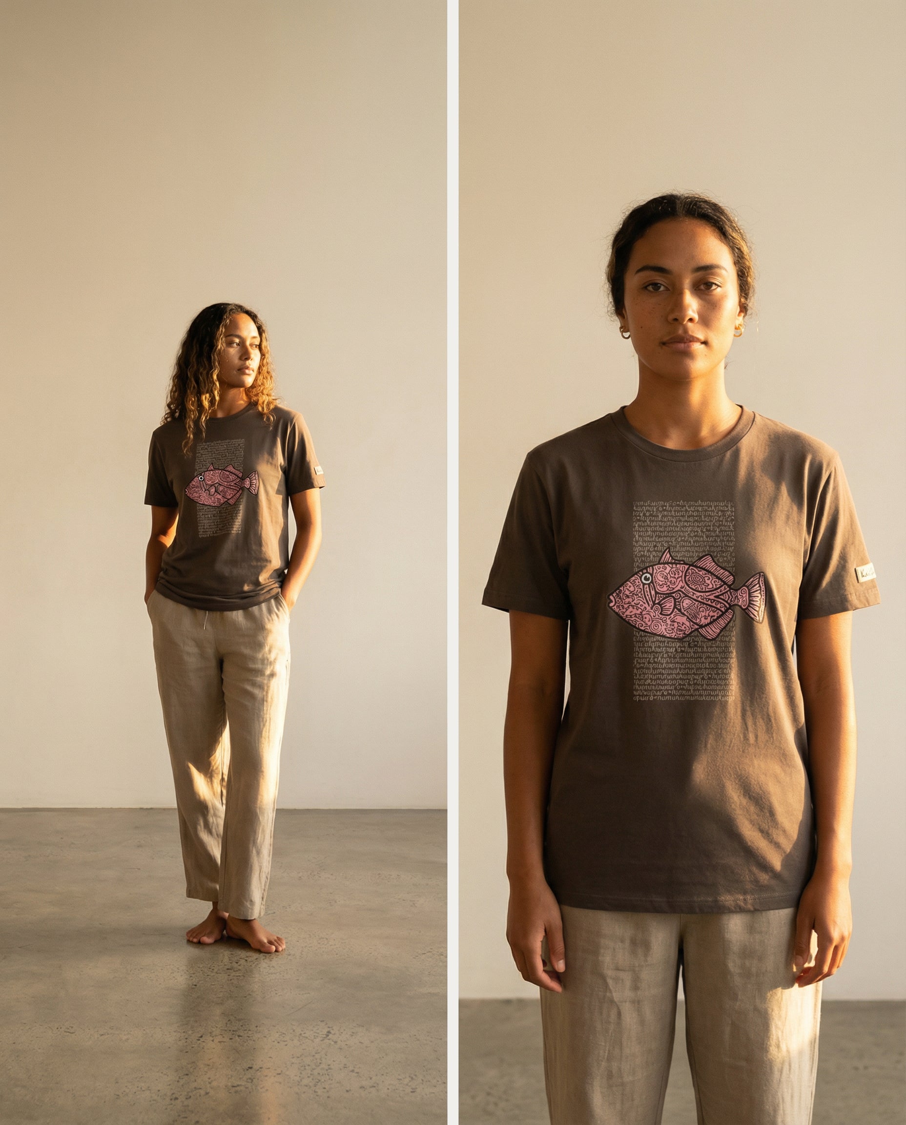 woman wearing a brown t-shirt with a pink fish design on the front