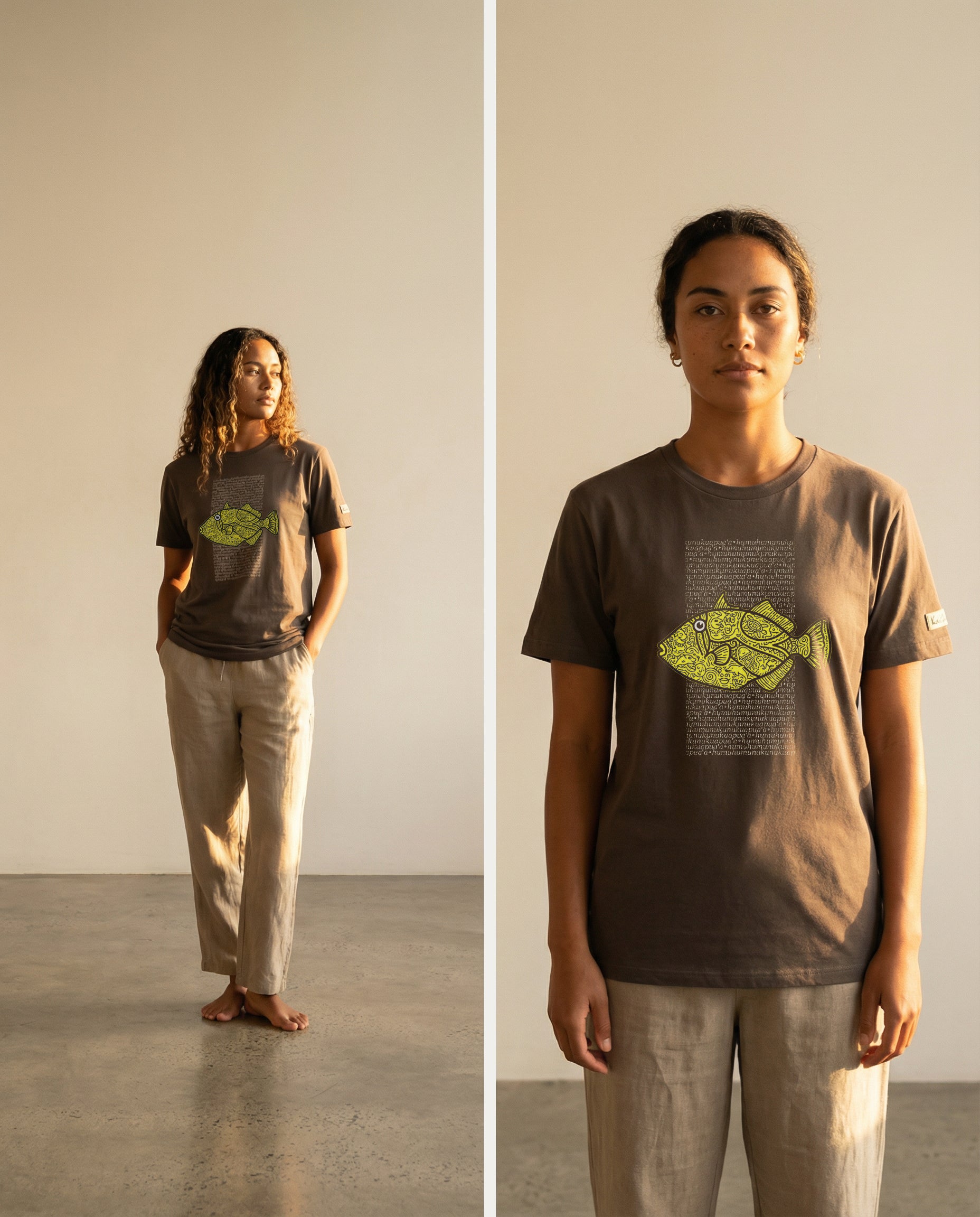 woman wearing a brown t-shirt with a yellow fish design graphic on the front