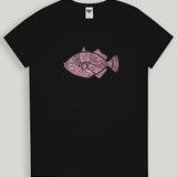 Black t-shirt with a pink fish design on a light gray background