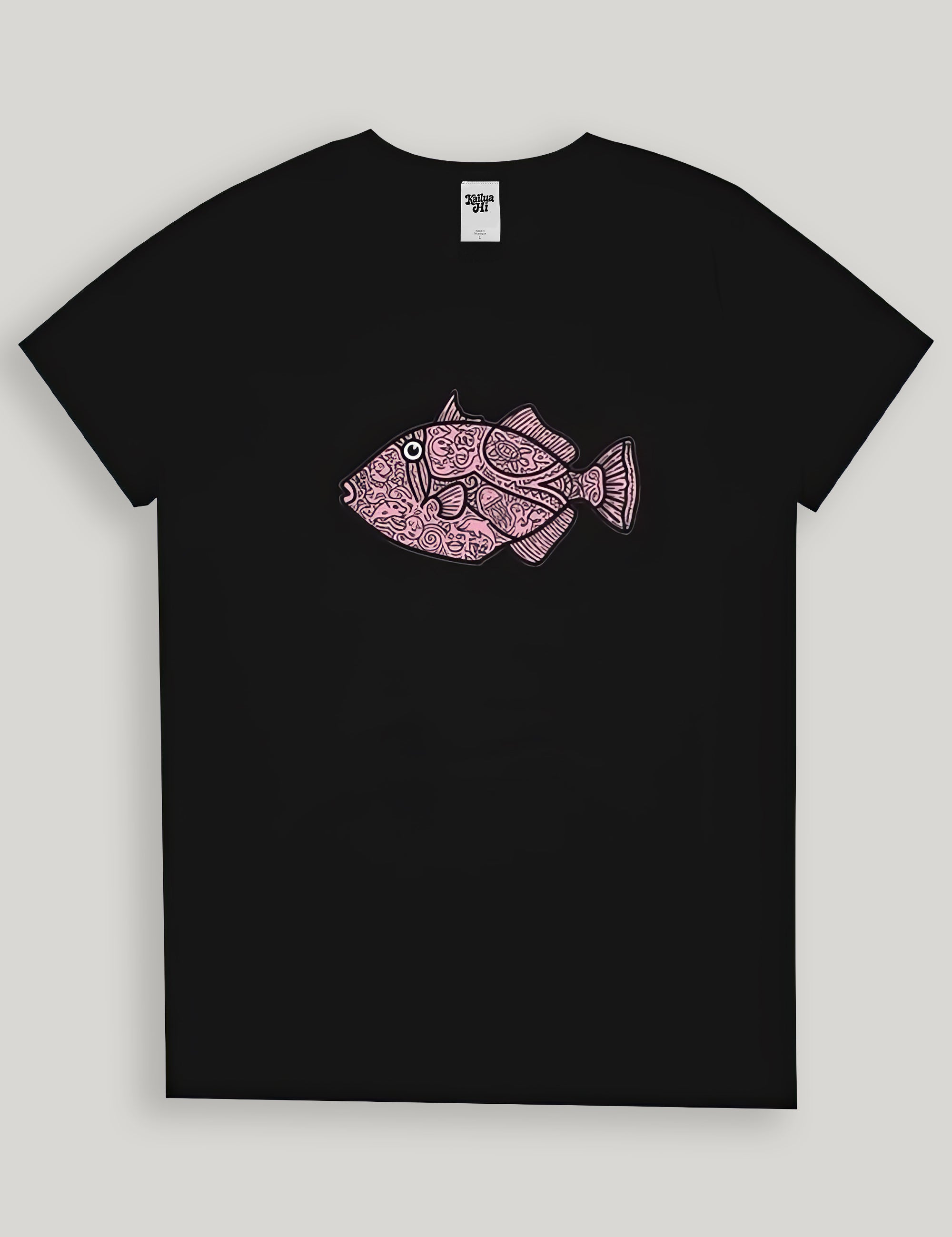 Black t-shirt with a pink fish design on a light gray background