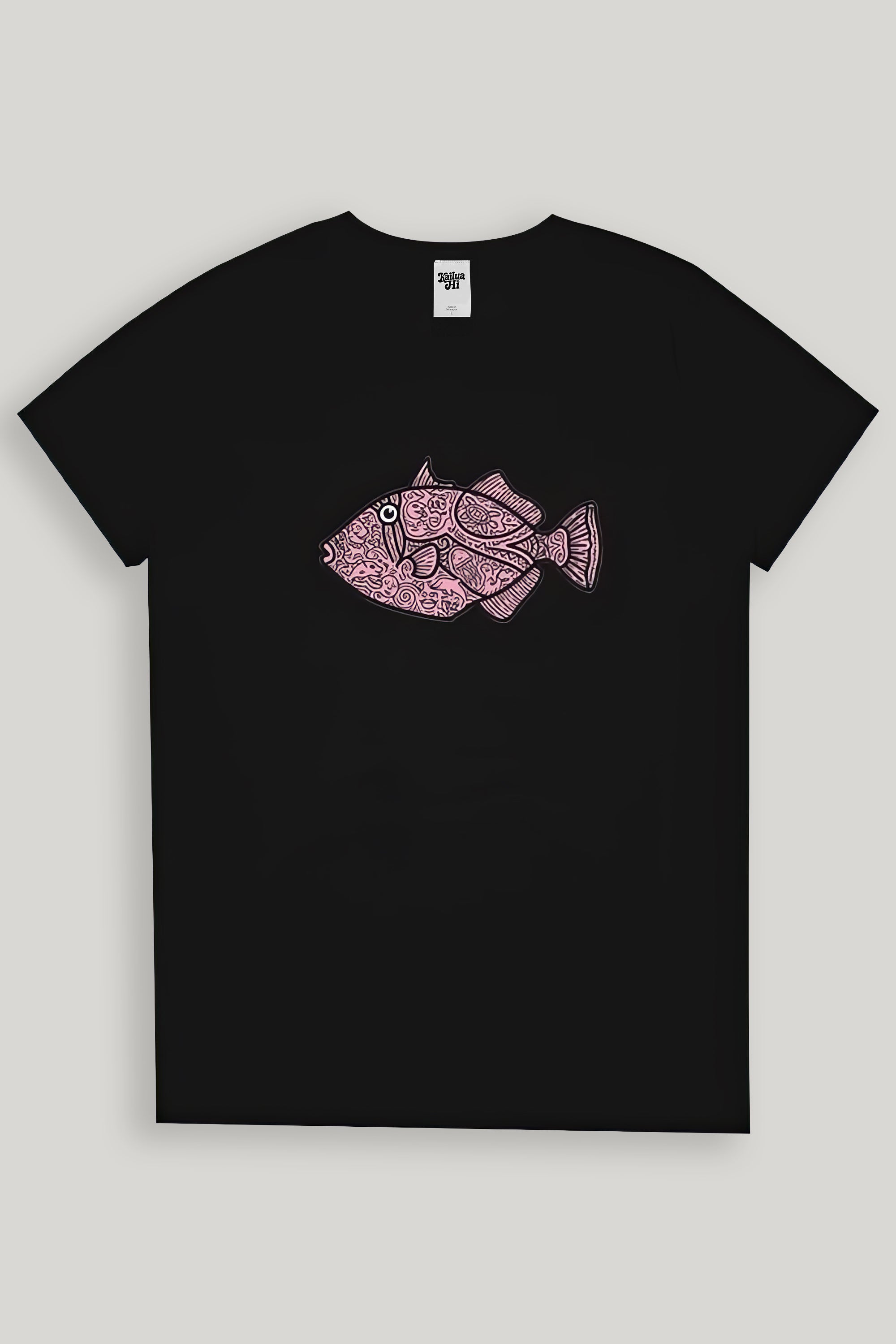 Black t-shirt with a pink fish design on a light gray background