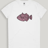 White t-shirt with a pink fish design on a light gray background