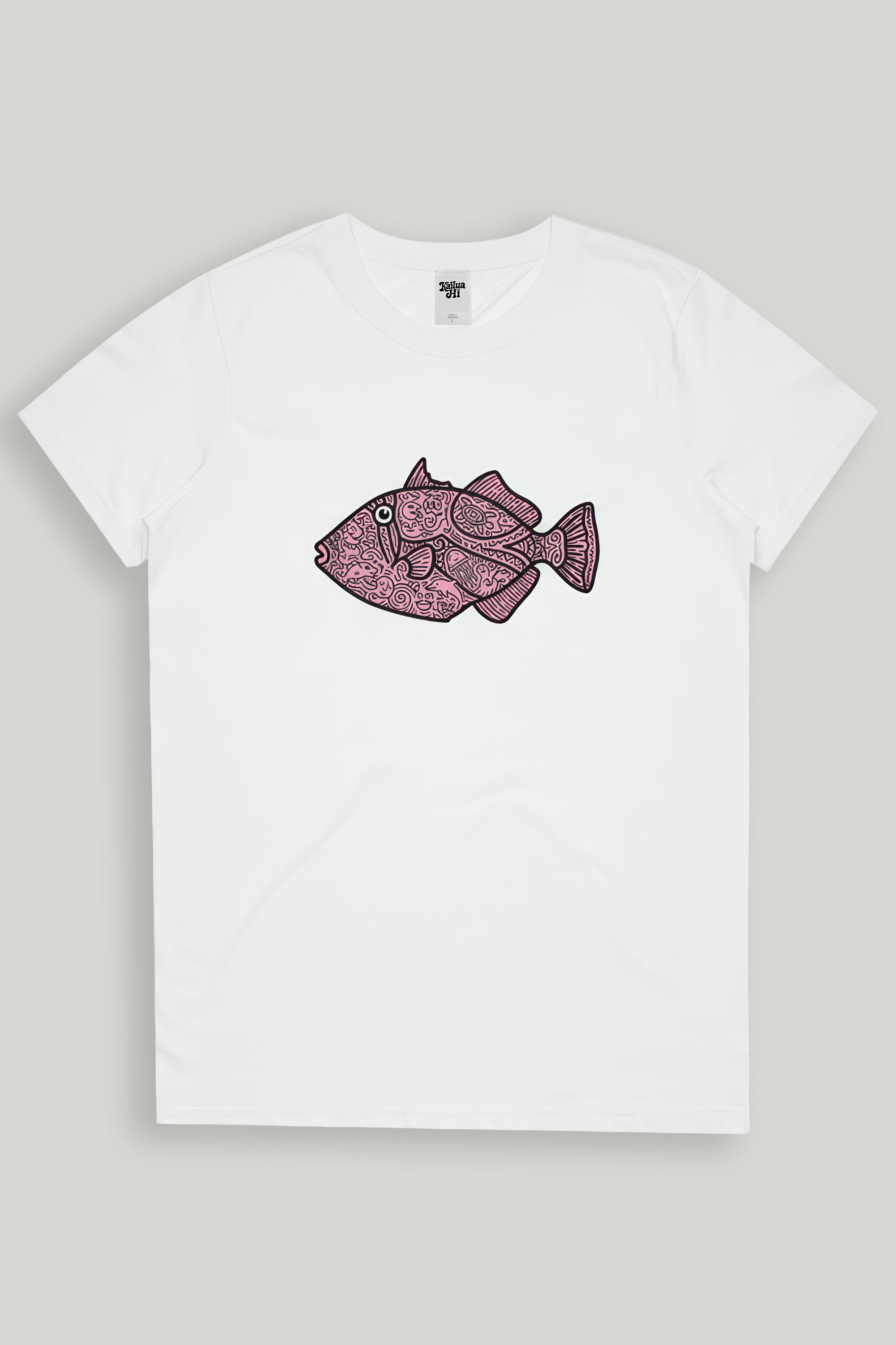 White t-shirt with a pink fish design on a light gray background