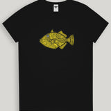 Black t-shirt with a yellow fish design on a light gray background