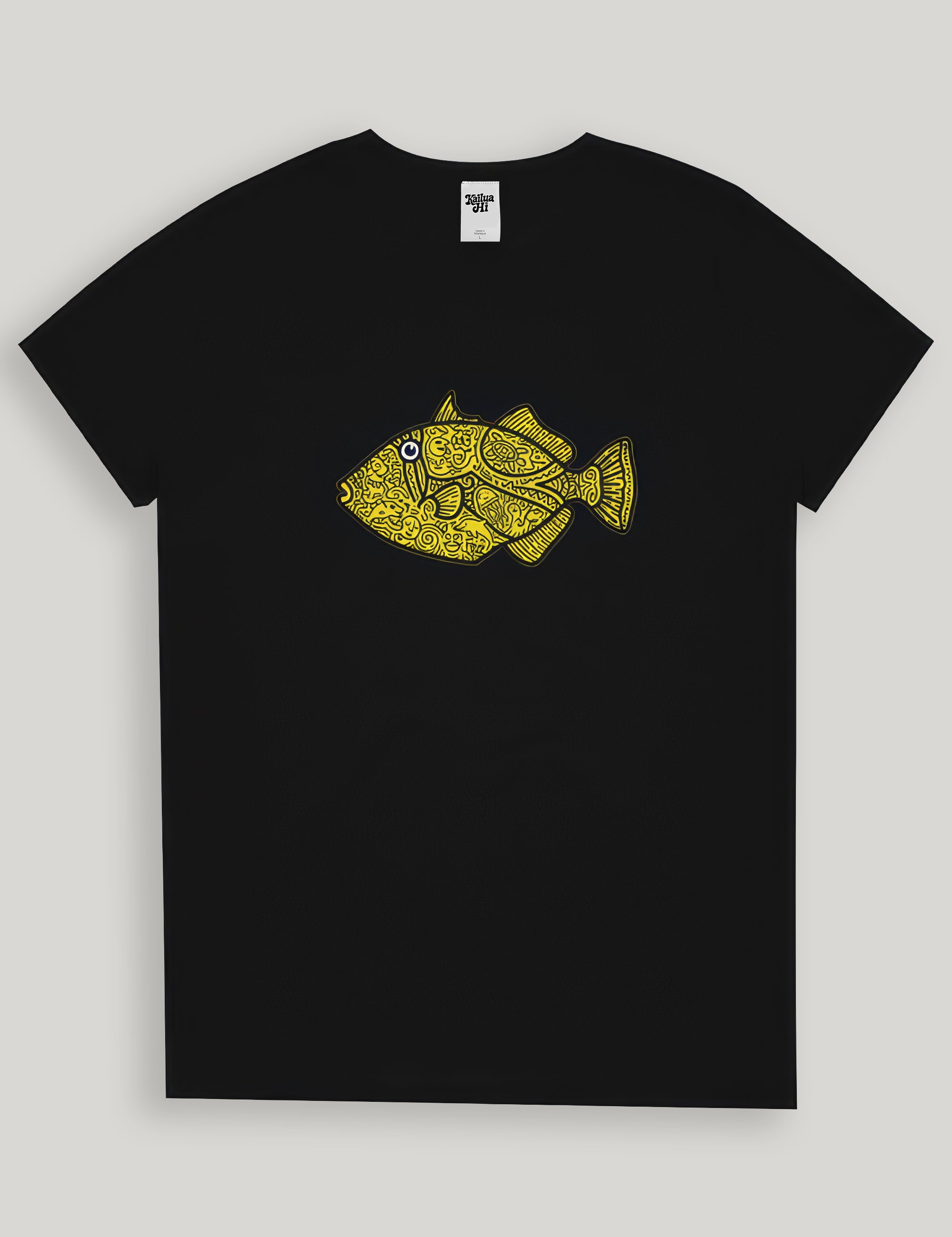 Black t-shirt with a yellow fish design on a light gray background