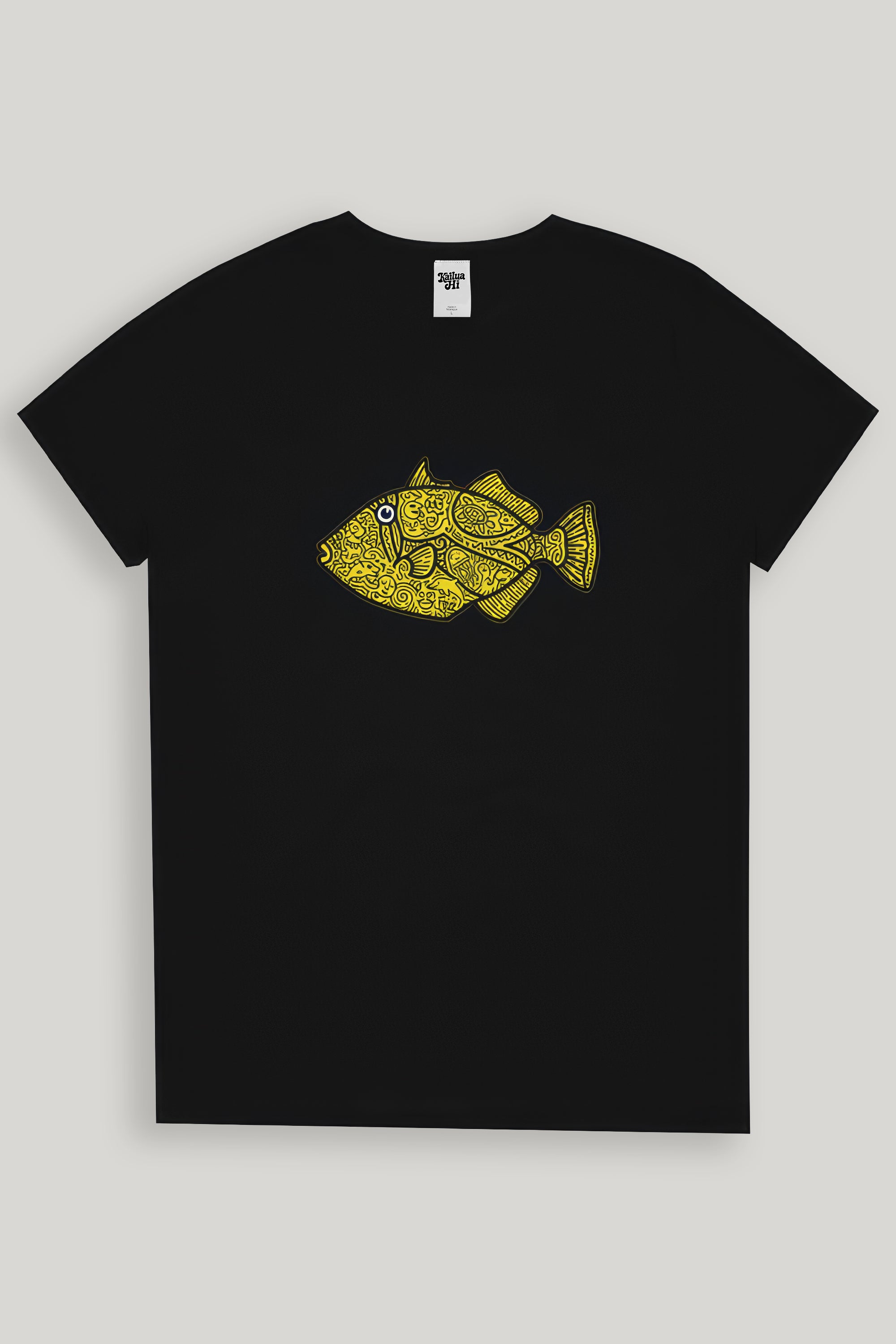 Black t-shirt with a yellow fish design on a light gray background