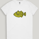 White t-shirt with a yellow fish graphic on a light gray background