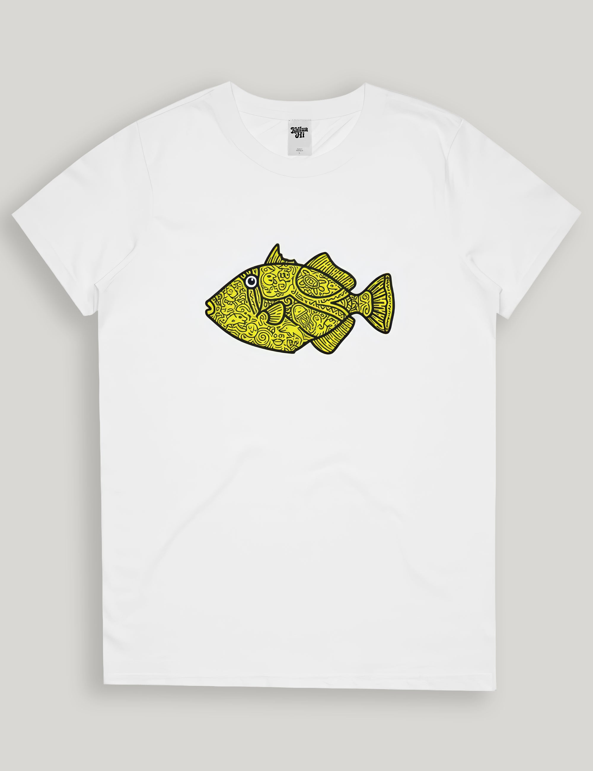 White t-shirt with a yellow fish graphic on a light gray background