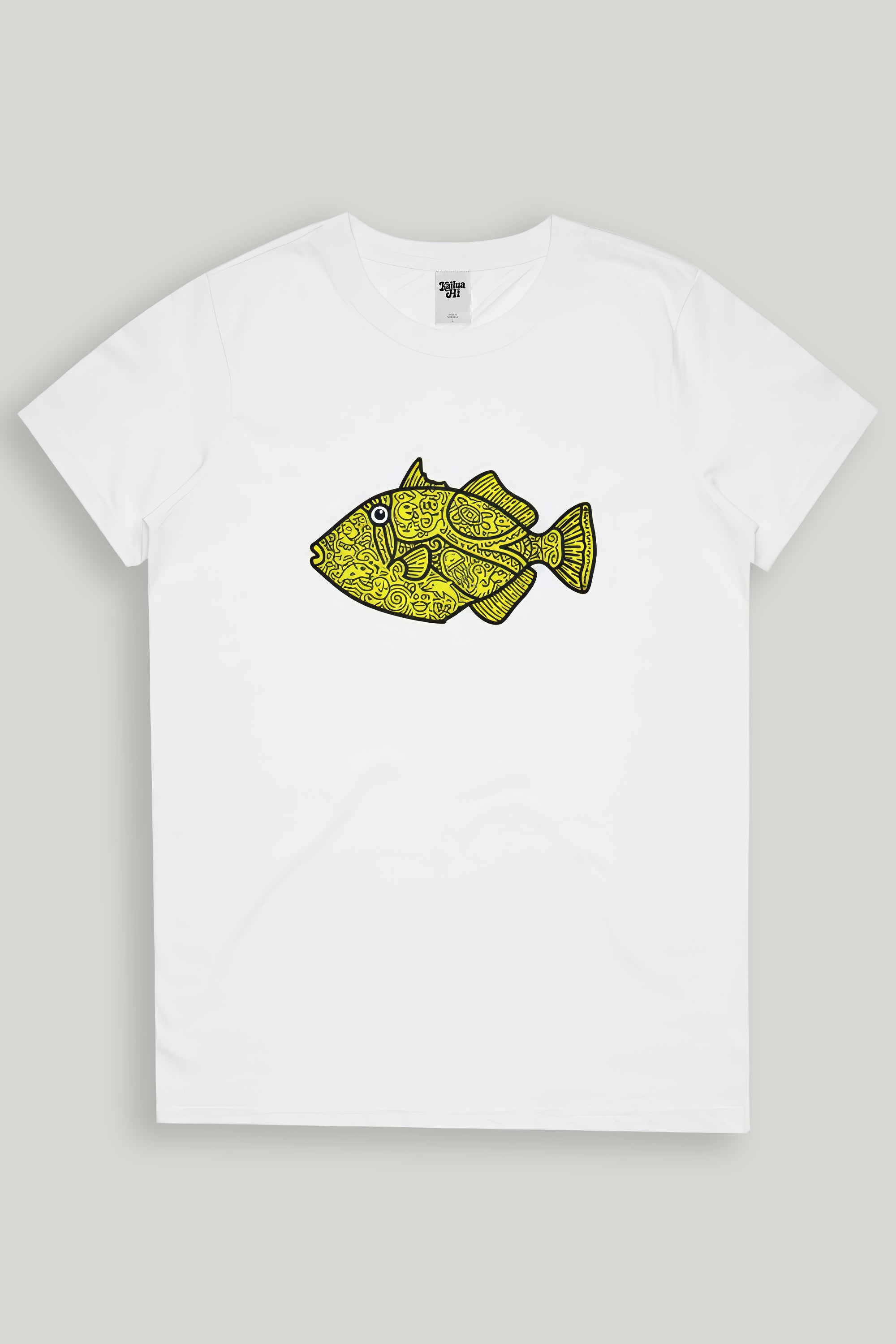 White t-shirt with a yellow fish graphic on a light gray background