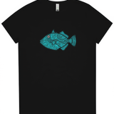 Black t-shirt with a blue fish design on a white background