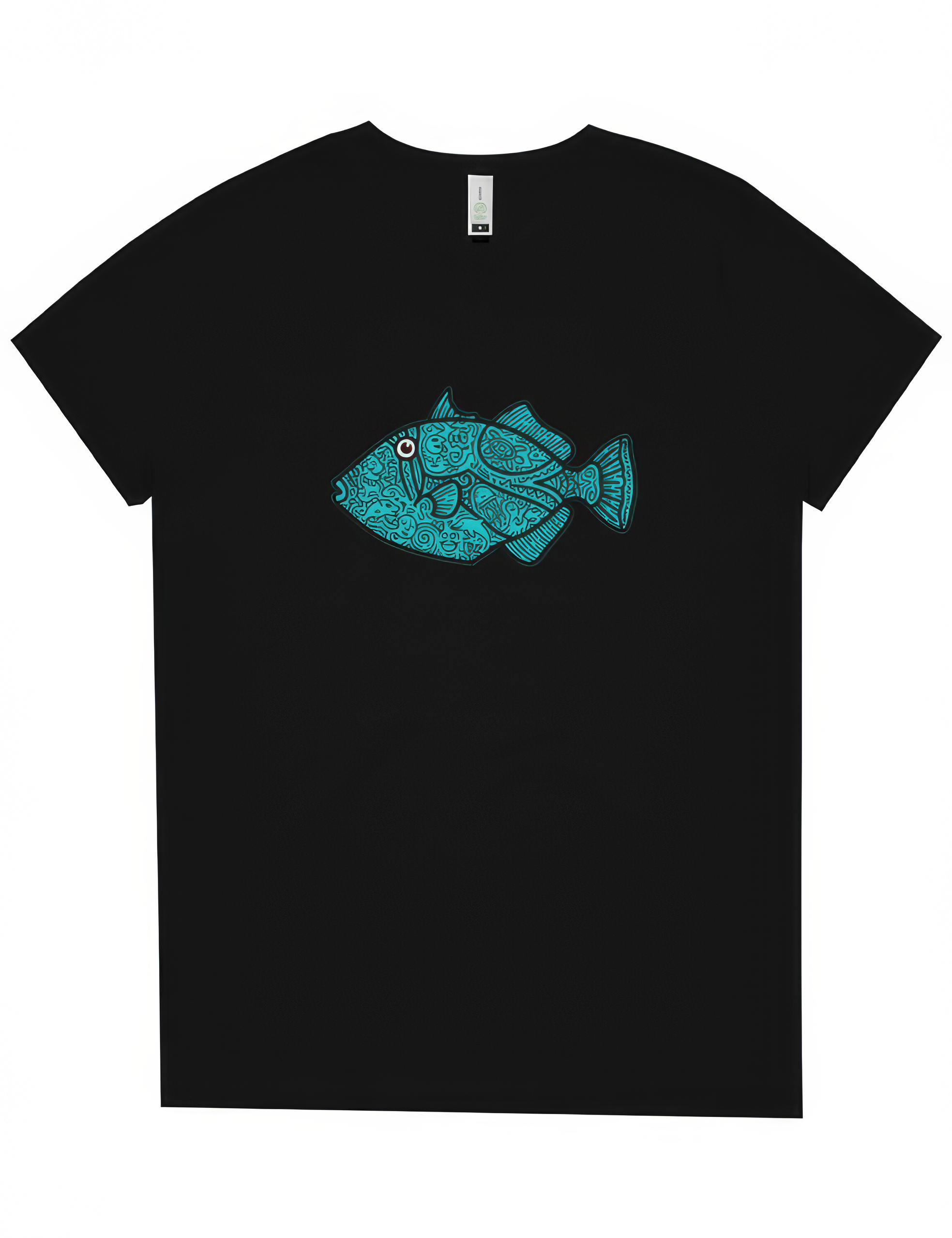 Black t-shirt with a blue fish design on a white background