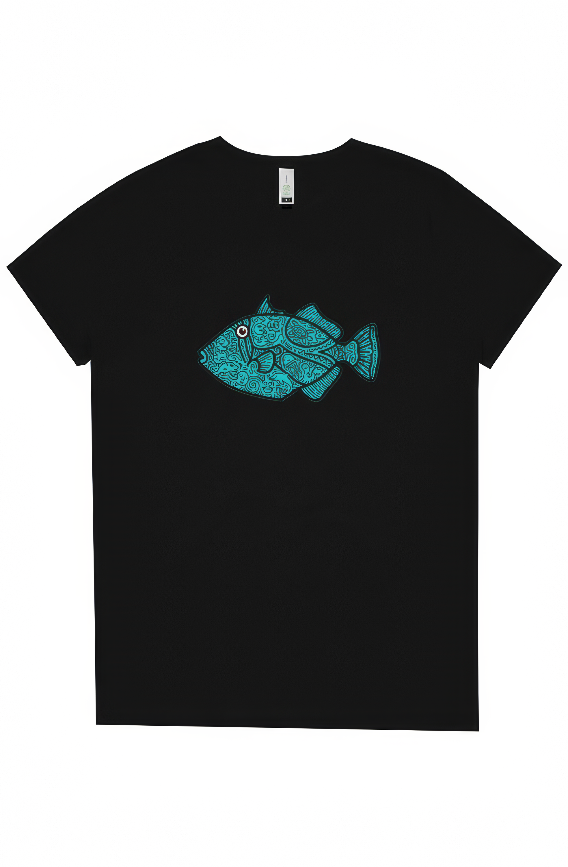 Black t-shirt with a blue fish design on a white background