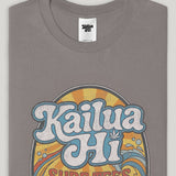 Gray t-shirt with 'Kailua Hi Surf Tees' graphic design on a gray background
