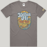Gray t-shirt with 'Kailua HI Surf Tees' graphic design on a light gray background