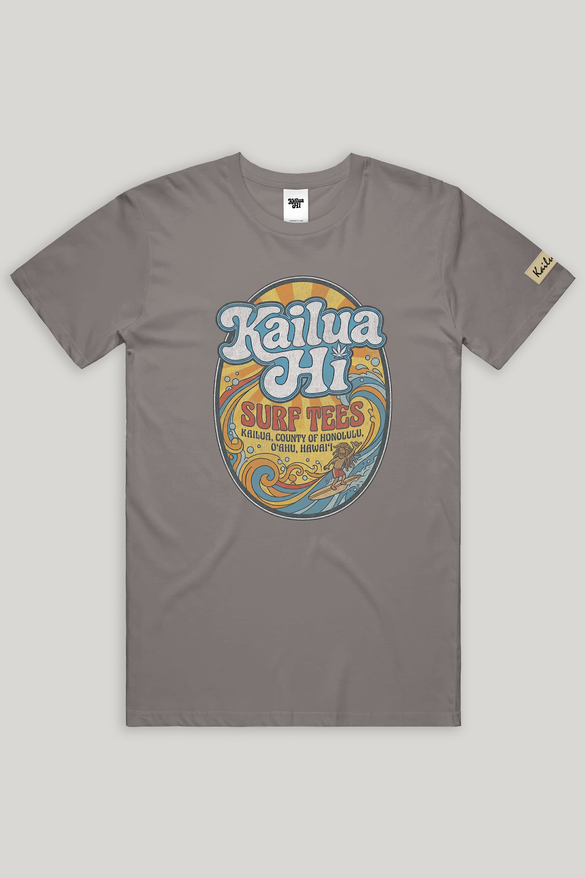 Gray t-shirt with 'Kailua HI Surf Tees' graphic design on a light gray background
