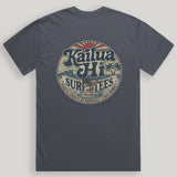 Navy blue t-shirt with 'Kailua HI Surf Tees' graphic on a light gray background