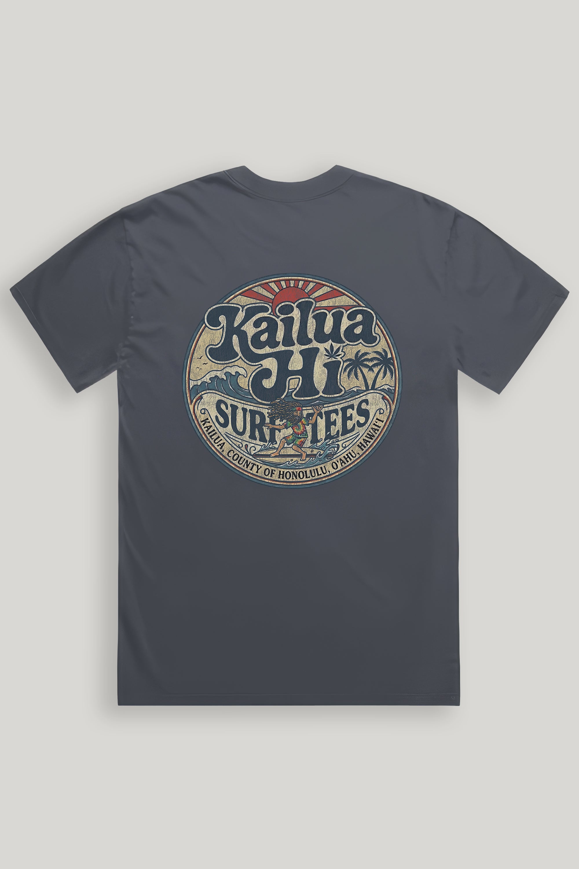 Navy blue t-shirt with 'Kailua HI Surf Tees' graphic on a light gray background