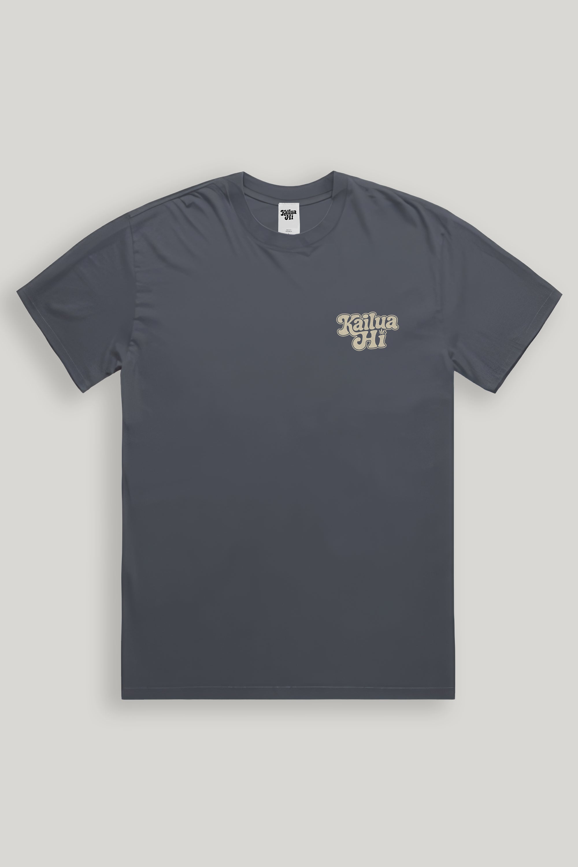 Gray t-shirt with a kailua hi logo on a light gray background