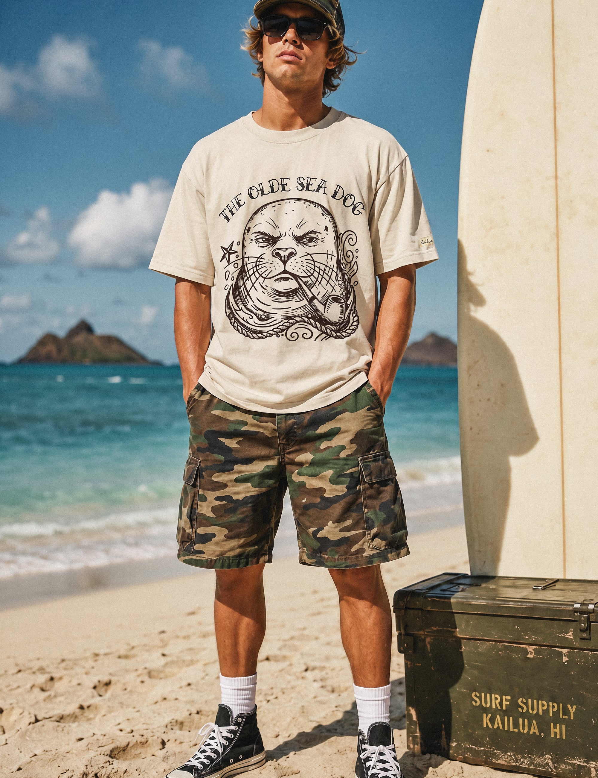 a man standing on the beach next to a surfboard wearing a faded green graphic tee with a monk seal design