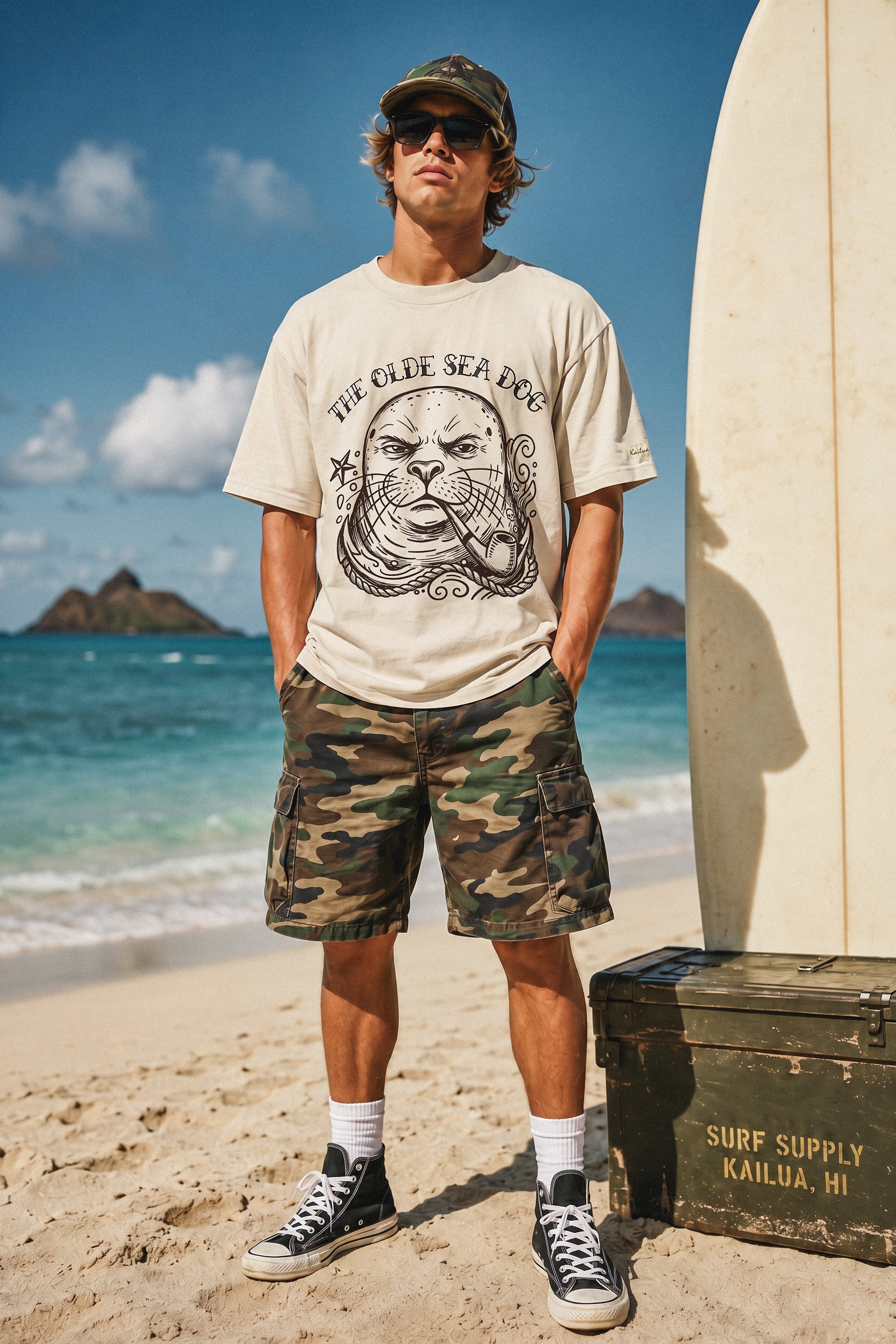 a man standing on the beach next to a surfboard wearing a faded green graphic tee with a monk seal design